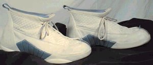 Air Jordan 15 basketball shoe in white with Carolina Blue trim