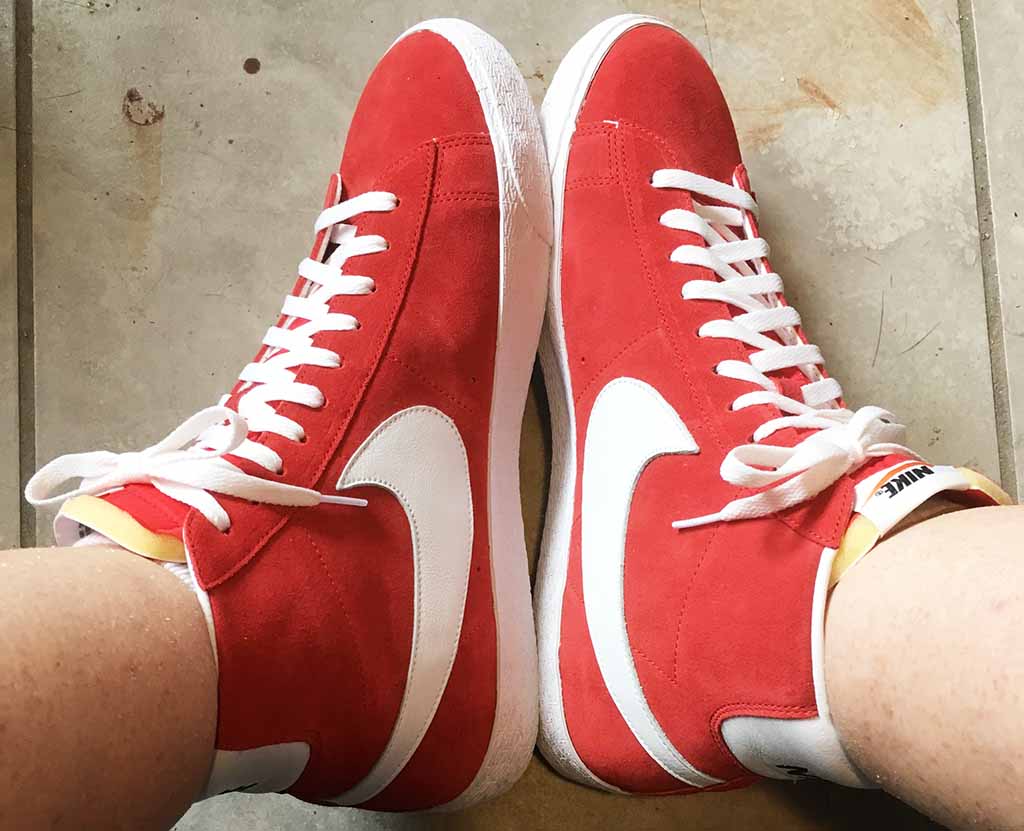 Red suede Nike Blazer hightops