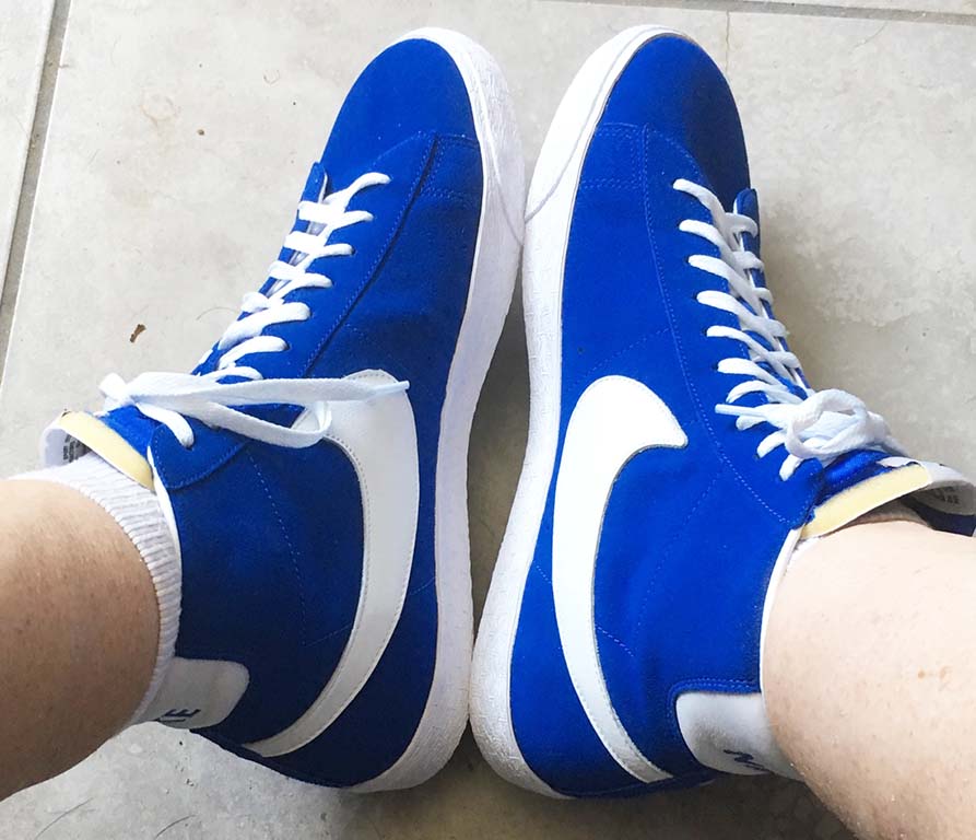 Blue suede Nike Blazer hightops with white SWOOSH