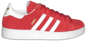 Red suede adidas Campus retro basketball shoe with white stripes