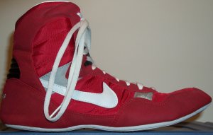 Nike Greco Supreme wrestling shoe: red, white SWOOSH, gray trim