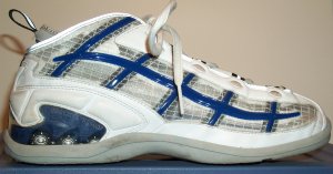 Converse Helium He:01 basketball shoe, white with blue and silver trim