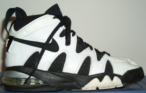 Nike Air Strong mid-top basketball shoe, white with black trim and SWOOSH