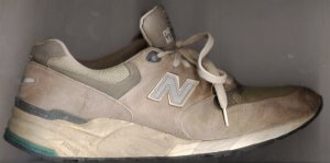 New Balance 999 running shoe, gray and dirty