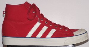 Red adidas Nizza retro basketball shoe with white stripes