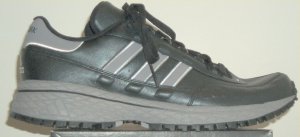 adidas New York Leather retro running shoe in black with gray and white stripes and trim
