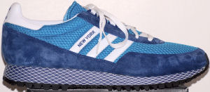 adidas New York Nylon running shoe, blue with white stripes, and mesh Dellinger Web midsole
