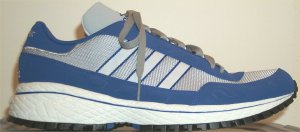 adidas New York retro running shoe in blue and gray with white and blue stripes