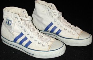 adidas Shooting Star white canvas basketball high-top with blue stripes and Trefoil ankle patch