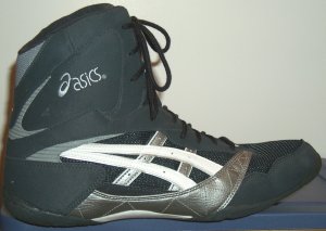 ASICS "The Baum" wrestling shoe in dark grey, silver, and white