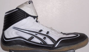 ASICS Unrestrained wrestling shoe, white with black stripes and trim