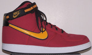 Nike Vandal high-top shoe: red with yellow and black SWOOSH and ankle strap