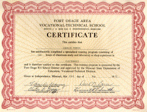 Completion Certificate from Fort Osage Area Vocational-Technical School