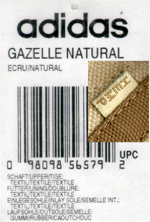 The "Gazelle Natural" paper tag attached to the "Hemp" shoe