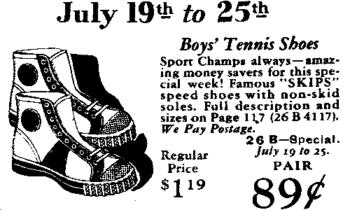 1931 Montgomery Ward "Skips Speed Shoes" high-top sneakers for boys; only 89¢ with postage paid