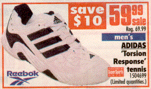 A pair of three-stripe Reebok sneakers (mislabeled adidas sneakers)
