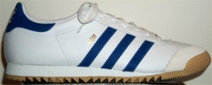 adidas ROM leather track training shoe: white leather, satellite blue trim and stripes