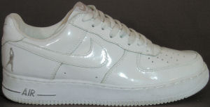 Nike Air Force I low-top, Rasheed Wallace version, white patent leather with white SWOOSH