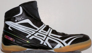 ASICS Split Second V wrestling shoe: black with white stripes and trim