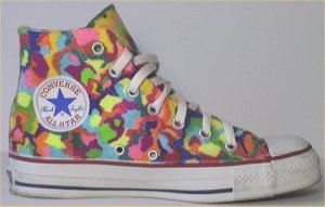 Converse "Chuck Taylor" All-Star high-top with an upper custom-made by hand; white foxing at the bottom with red and blue stripes