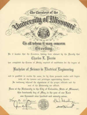 BSEE Diploma from the University of Missouri-Columbia