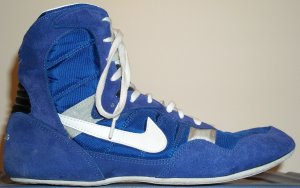 Nike Greco Supreme wrestling shoe: blue, white SWOOSH, gray trim