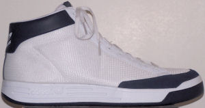The adidas Rod Laver Mid shoe, with dark blue trim