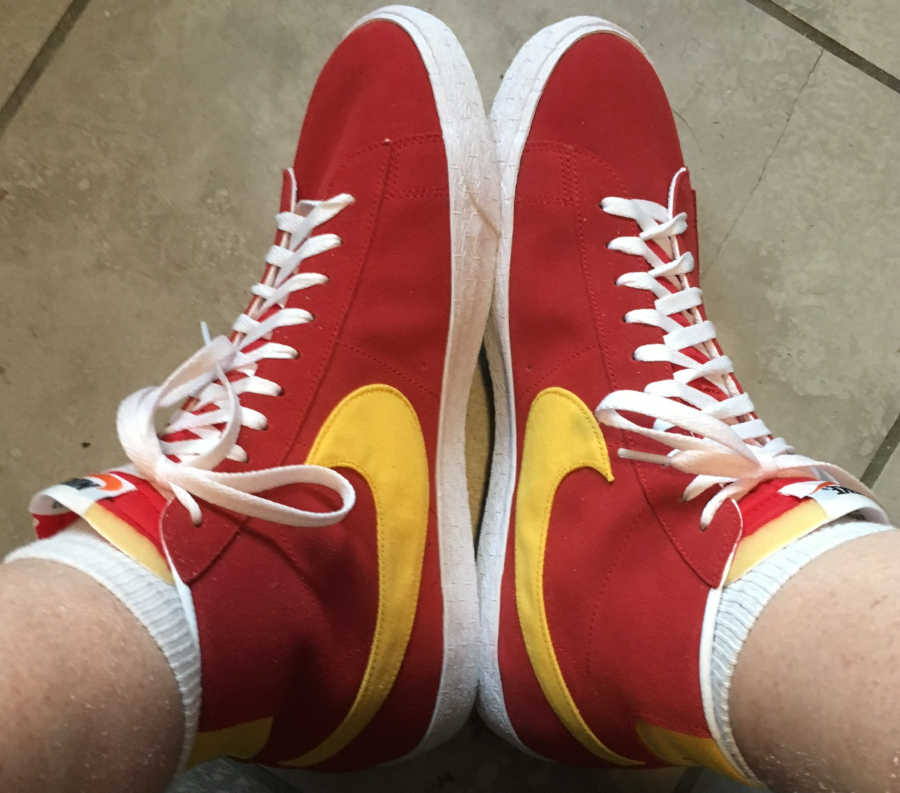 Red and gold Nike Blazer hightops