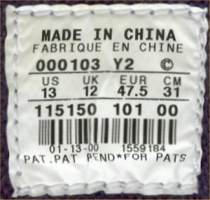 Nike product tag, showing date of manufacture: 000103 (January to March 2000)