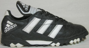 adidas Spectral Turf artificial turf soccer boot: black with white and gray stripes and trime