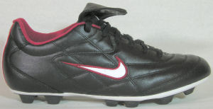 Nike Tiempo 750 soccer boot, black with red and white SWOOSH and red trim