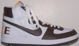 Nike Terminator high-top in white with brown-orange-yellow trim